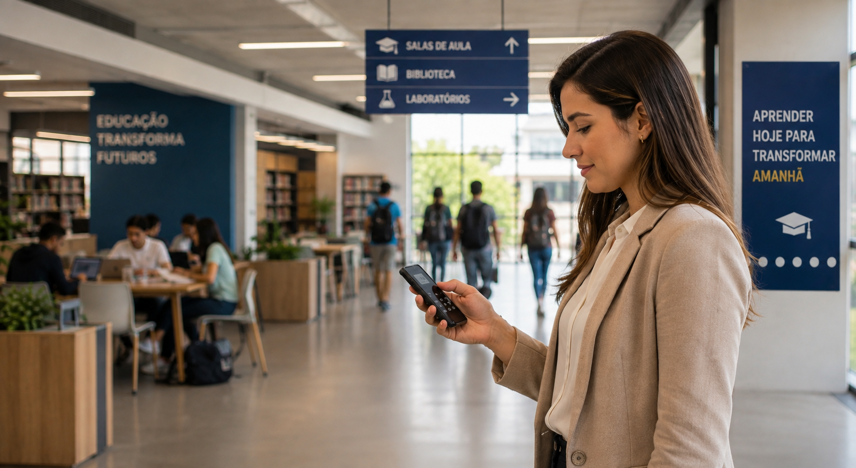 Coordenadora registrando o ponto pelo celular em uma instituição de ensino